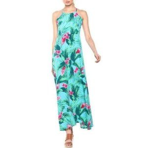28 Palms Hawaiian Floral Maxi Dress: color: Aqua/Pink Ginger